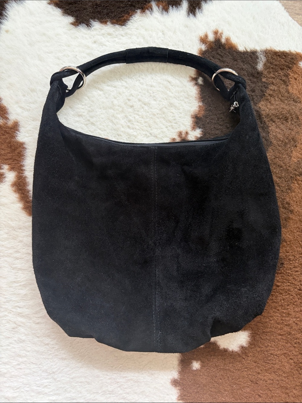 Black Suede Hobo Bag with Ring-Style Shoulder Detail